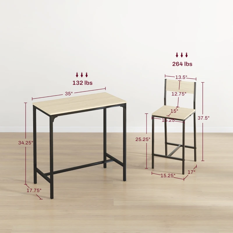 HOMCOM 3 Piece Pub Table and Chairs for 2, Bar Table and Stools with Footrest for Small Space, Oak