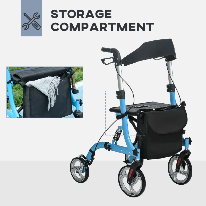 HOMCOM Rollator Walker with Seat and Backrest, Height Adjustable Aluminum Rolling Walker with 10'' Front Wheels, Storage Bag, Lightweight Mobility Walking Aid for Seniors, Adults, 300lb Capacity, Blue