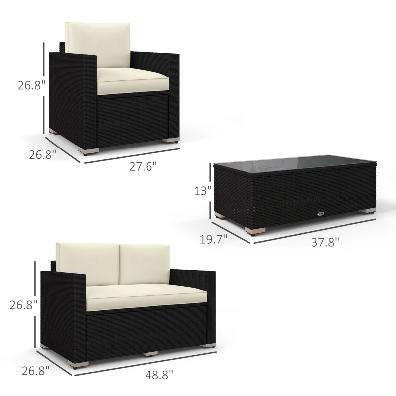 Outsunny 4 Pieces Rattan Sofa Set Wicker Patio Sofa Set with Loveseat Chairs Glass Top Coffee Table for Garden Outdoor Cream
