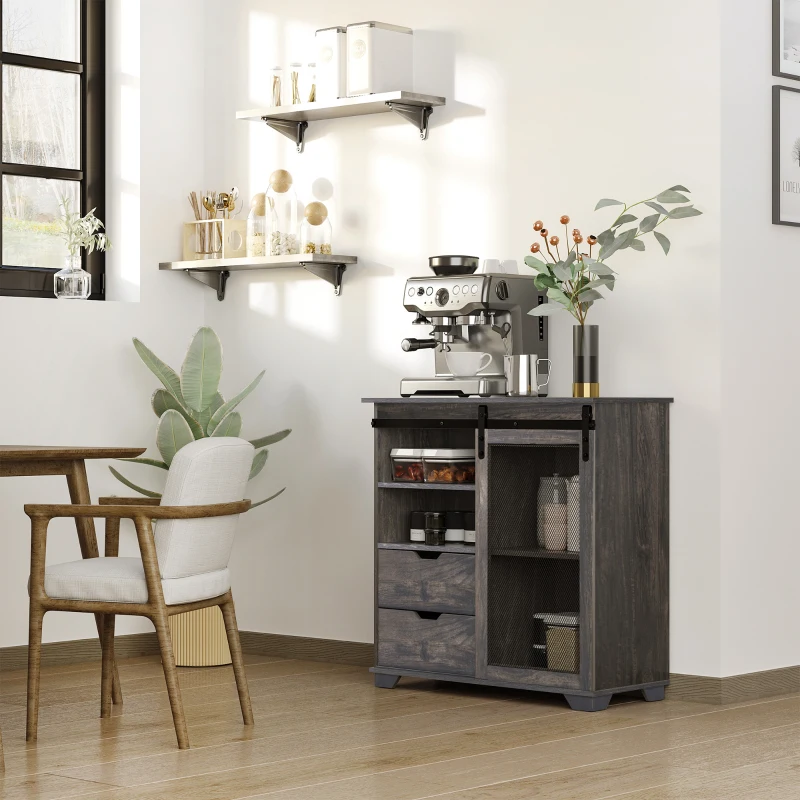 HOMCOM Industrial Sideboard Buffet Cabinet, Kitchen Cabinet, Coffee Bar Cabinet with 2 Drawers, 2 Open Shelves and Metal Mesh Sliding Door, Dark Brown