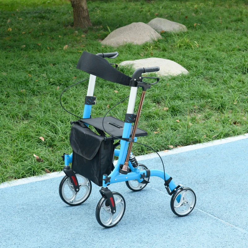 HOMCOM Rollator Walker with Seat and Backrest, Height Adjustable Aluminum Rolling Walker with 10'' Front Wheels, Storage Bag, Lightweight Mobility Walking Aid for Seniors, Adults, 300lb Capacity, Blue