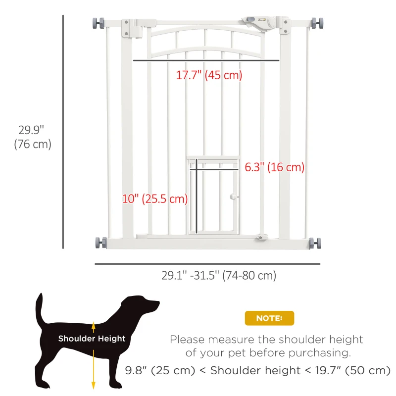 PawHut Auto-Close Pet Gate, Stair Gate with Cat Door, Double Locking for Doorways Hallways Stairs, Fits 29"-31.5" Wide, White