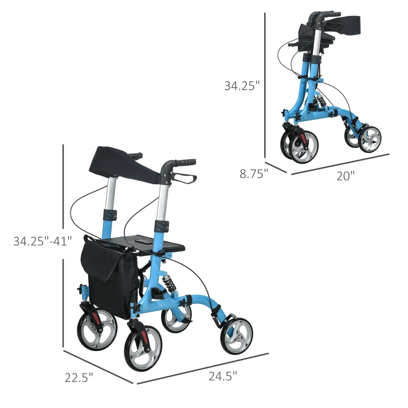 HOMCOM Rollator Walker with Seat and Backrest, Height Adjustable Aluminum Rolling Walker with 10'' Front Wheels, Storage Bag, Lightweight Mobility Walking Aid for Seniors, Adults, 300lb Capacity, Blue