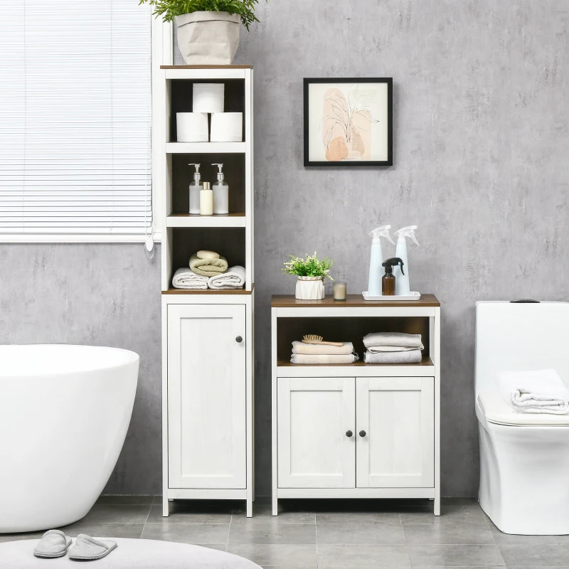 kleankin Modern Bathroom Storage Cabinet, Free Standing Bathroom Cabinet, Open Compartment and Cabinet with Adjustable Shelf, White and Walnut