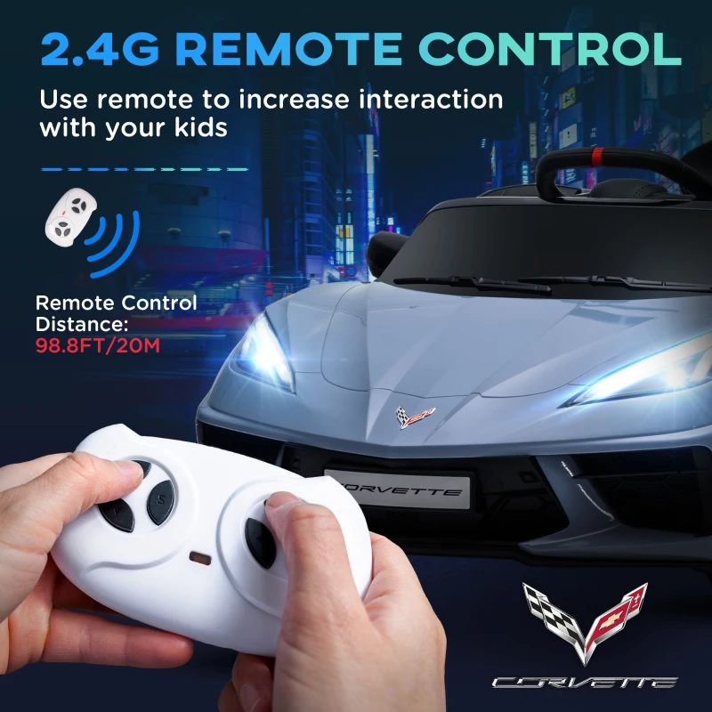 Qaba 12V Kids Electric Car Corvette Licensed w/ Remote Control, Suspension System, Music, Headlight, Slow Start, Light Blue