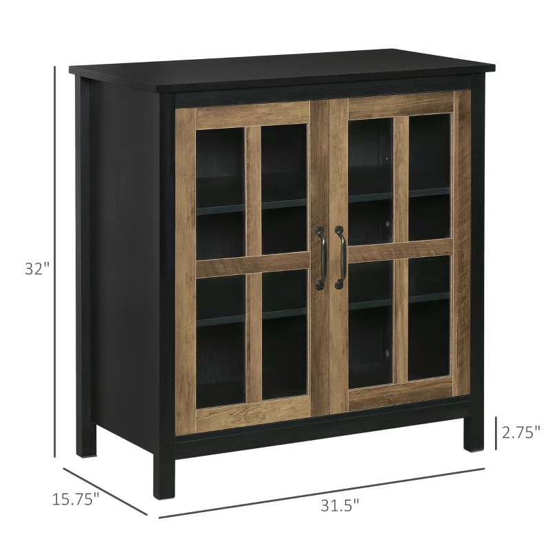HOMCOM Kitchen Sideboard, Glass Door Buffet Cabinet, Accent Storage Cabinet with 2 Glass Doors and Adjustable Shelf for Dining Room, Living Room, Black Wood Grain