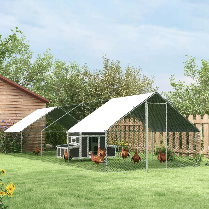 PawHut Metal Chicken Run 9.8' x 26.2' x 6.6' with Waterproof and Anti-UV Cover for Outdoor and Yard Farm Use(m-10)