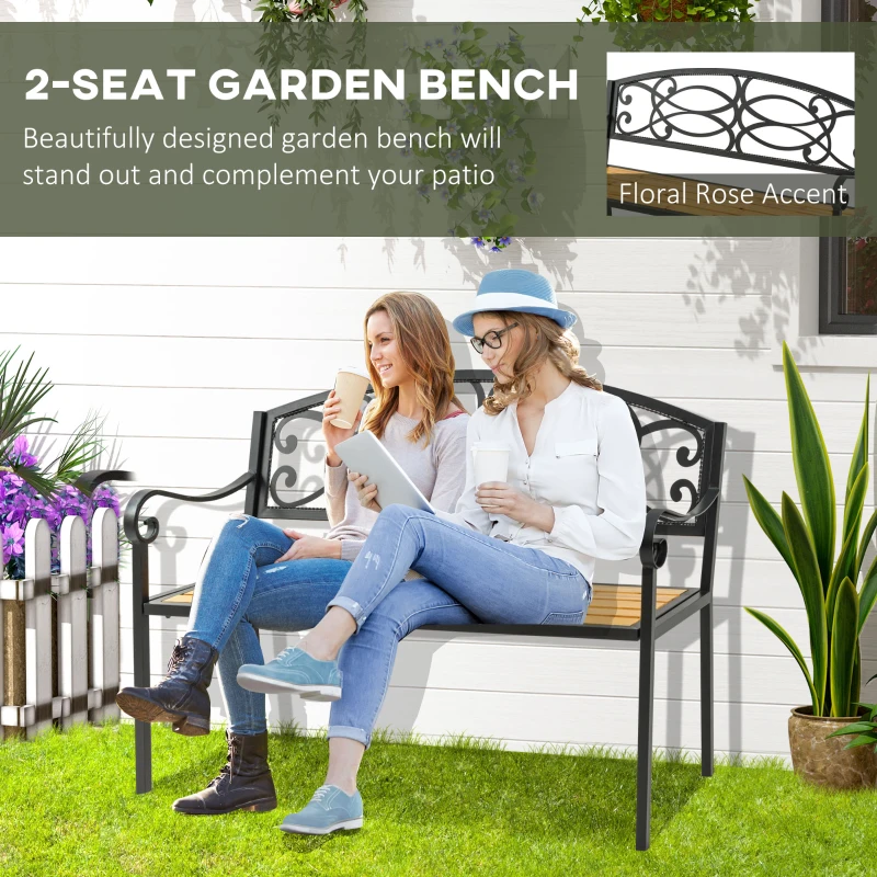 Outsunny Garden Bench for Outdoor, 2-person Patio Bench with Steel and Wood Frame, Floral Rose Accent, Loveseat Furniture for Lawn, Deck, Yard, Porch and Entryway, Natural