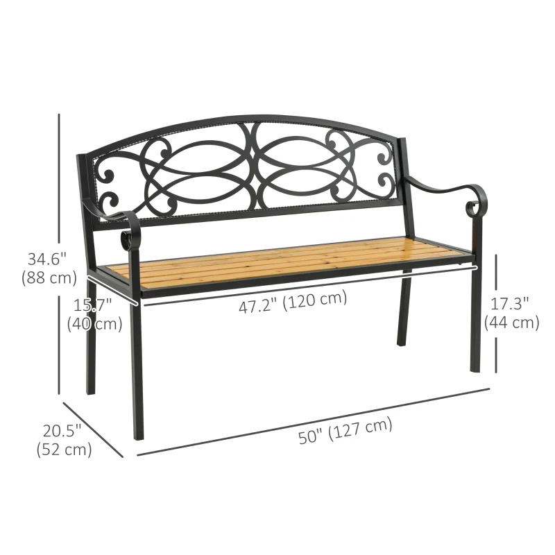 Outsunny Garden Bench for Outdoor, 2-person Patio Bench with Steel and Wood Frame, Floral Rose Accent, Loveseat Furniture for Lawn, Deck, Yard, Porch and Entryway, Natural