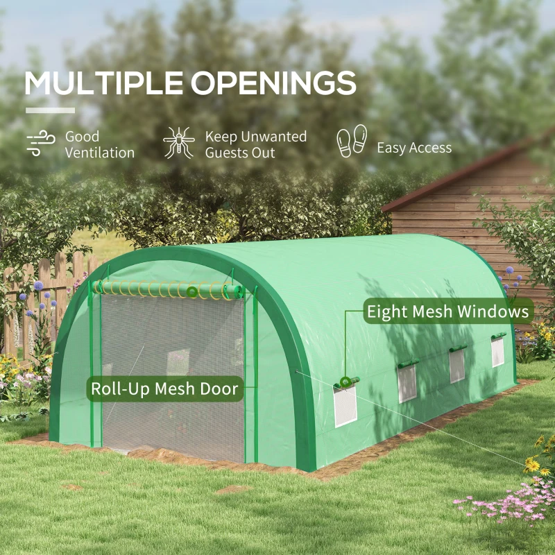 Outsunny 19.5' x 10' x 6.5' Upgraded Tunnel Greenhouse Green House with Mesh Door and Windows, 15 Plant Labels and Gloves, Green