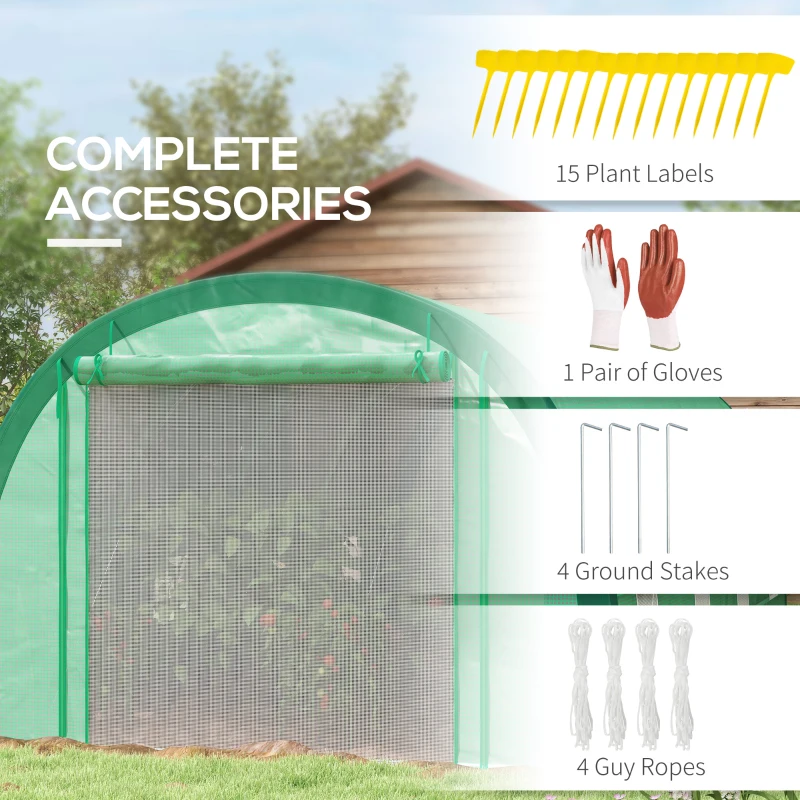Outsunny 19.5' x 10' x 6.5' Upgraded Tunnel Greenhouse Green House with Mesh Door and Windows, 15 Plant Labels and Gloves, Green
