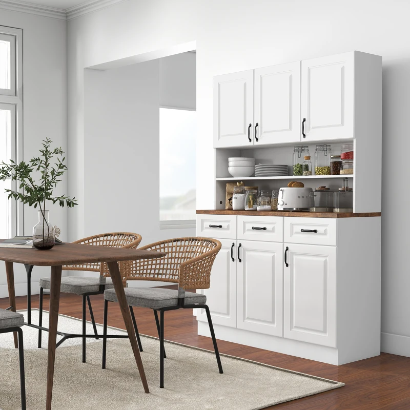 HOMCOM 71" Freestanding Kitchen Pantry, Buffet Hutch, Farmhouse Cabinet, Microwave Stand with 3 Drawers, 6 Doors, Adjustable Shelves, White