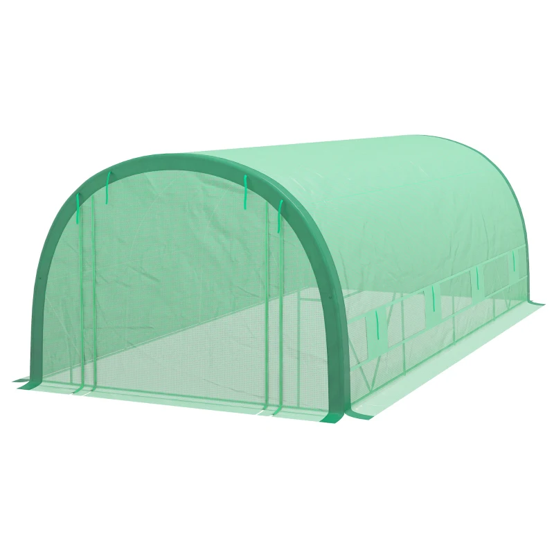 Outsunny 19.5' x 10' x 6.5' Upgraded Tunnel Greenhouse Green House with Mesh Door and Windows, 15 Plant Labels and Gloves, Green