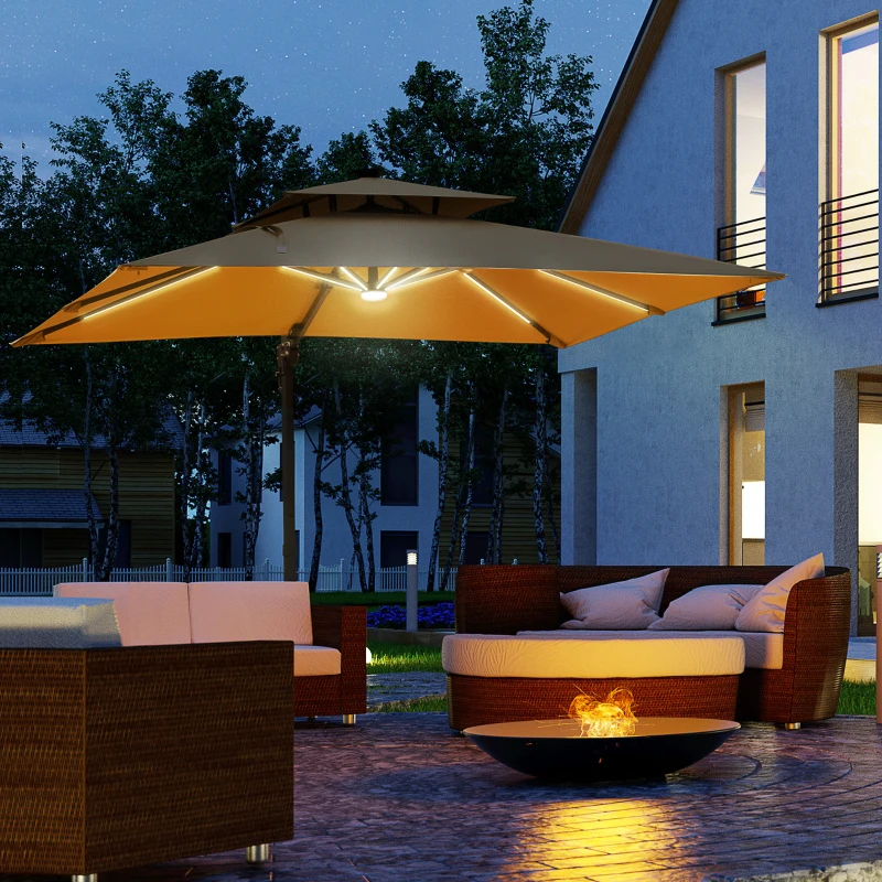 Outsunny 10FT Cantilever Umbrella with Solar LED, Power Bank, 360° Rotation, Tilt, Khaki