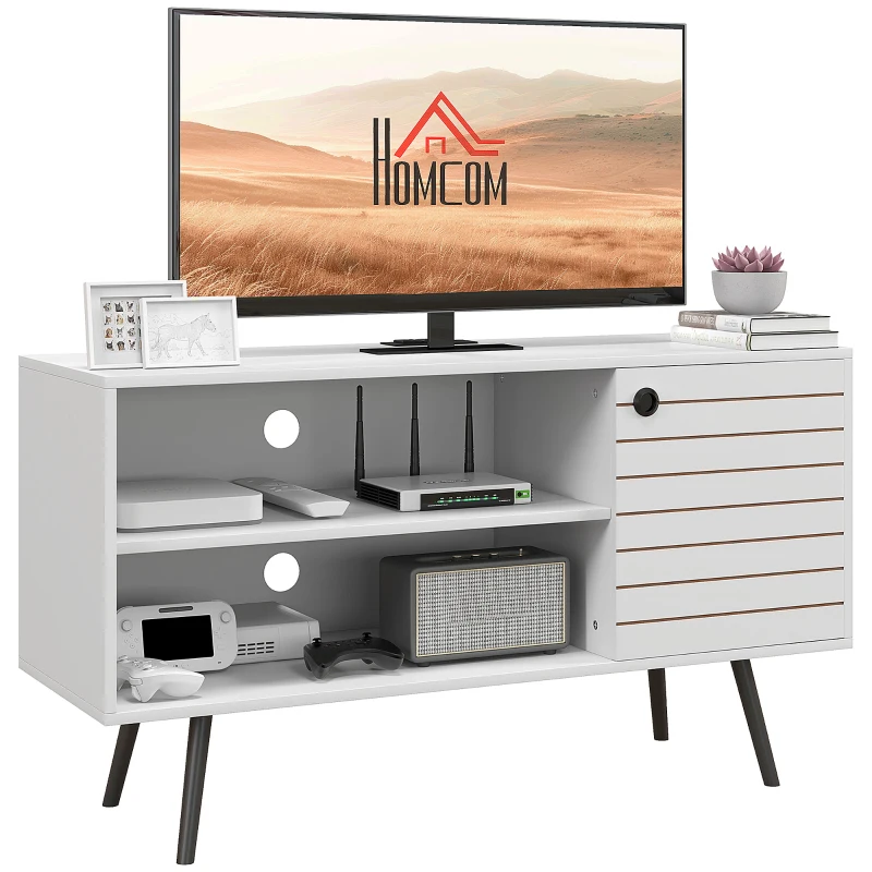 HOMCOM TV Stand Cabinet for 50-Inch, TV Table with Charging Station, Television Stand with Open Shelves, Door and Cable Holes