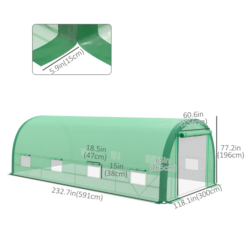 Outsunny 19.5' x 10' x 6.5' Upgraded Tunnel Greenhouse Green House with Mesh Door and Windows, 15 Plant Labels and Gloves, Green