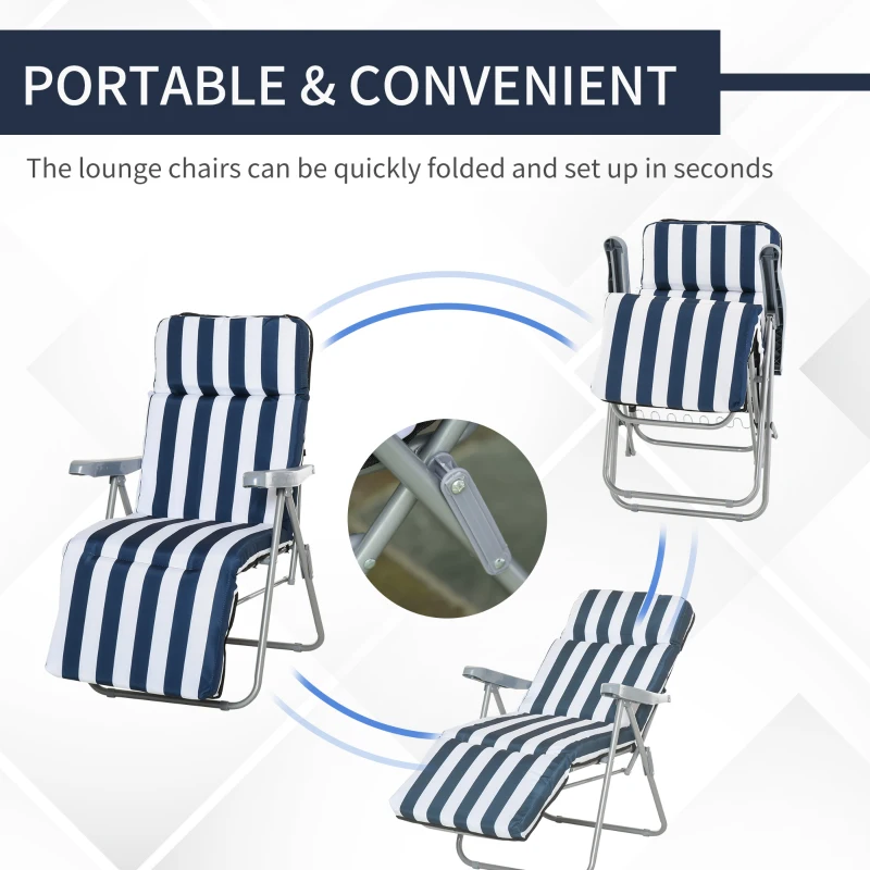 Outsunny Set of 2 Garden Sun Lounger Outdoor Reclining Seat Cushioned Seat Foldable Adjustable Recliner White and Blue