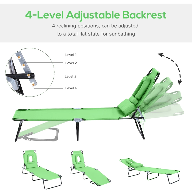 Outsunny Adjustable Outdoor Lounge Chair, Garden Folding Chaise Lounge with Face Hole Reclining Tanning Chair Seat, Folding Camping Beach Lounging Bed w/ Support Pillow, Green