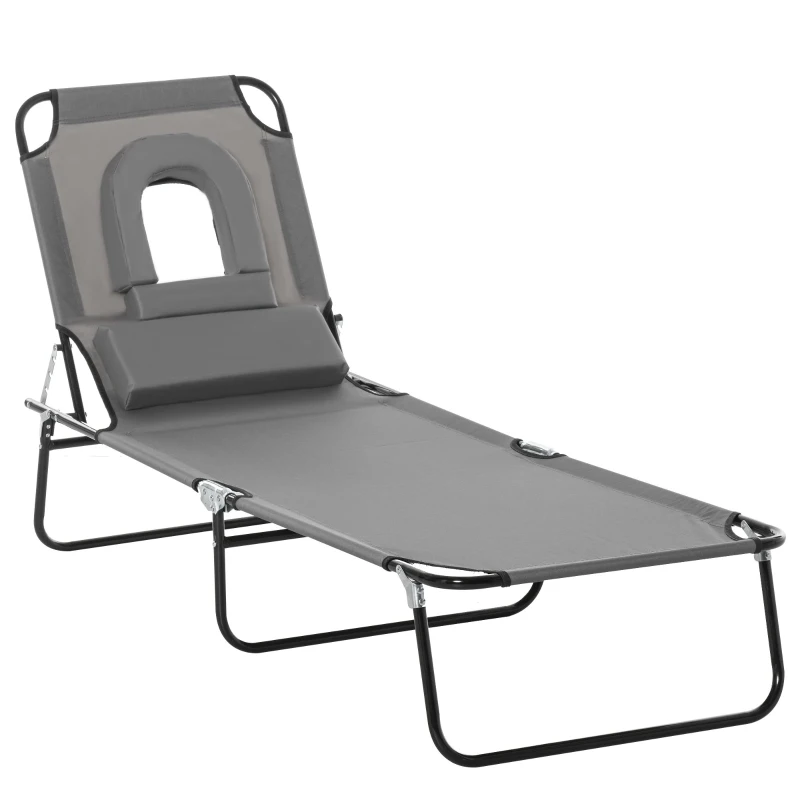 Outsunny Adjustable Outdoor Lounge Chair, Garden Folding Chaise Lounge with Face Hole Reclining Tanning Chair Seat, Folding Camping Beach Lounging Bed w/ Support Pillow, Grey