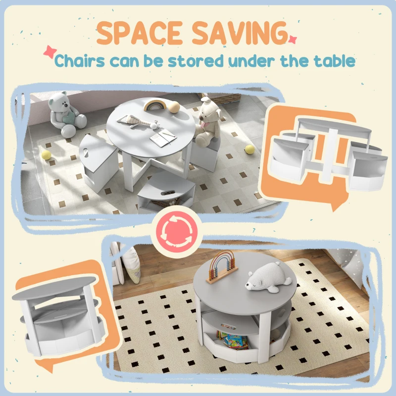 Qaba 5 Piece Kids Table and Chair Set with Storage for Kids Room, Grey