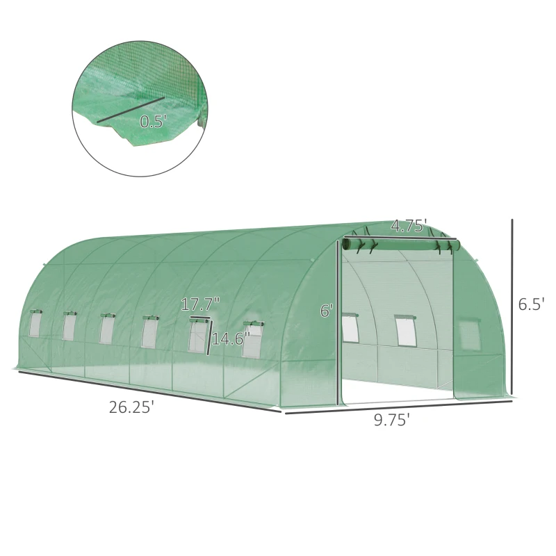 Outsunny 26' x 10' x 6.6' Walk-in Tunnel Hoop Greenhouse, PE Cover, Steel Frame, Roll-Up Zipper Door & 12 Mesh Windows for Flowers, Vegetables, Tropical Plants, Green