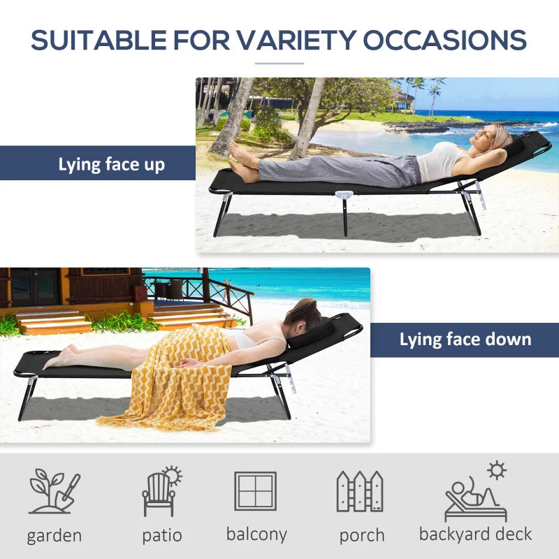 Outsunny Folding Outdoor Lounge Chair, Portable Reclining Beach Lounger with Face Hole, Detachable Pillow, 4-Position Adjustable Backrest, For Patio, Garden, Poolside, Black