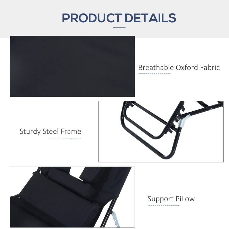Outsunny Adjustable Outdoor Lounge Chair, Garden Folding Chaise Lounge with Face Hole Reclining Tanning Chair Seat, Folding Camping Beach Lounging Bed w/ Support Pillow, Black