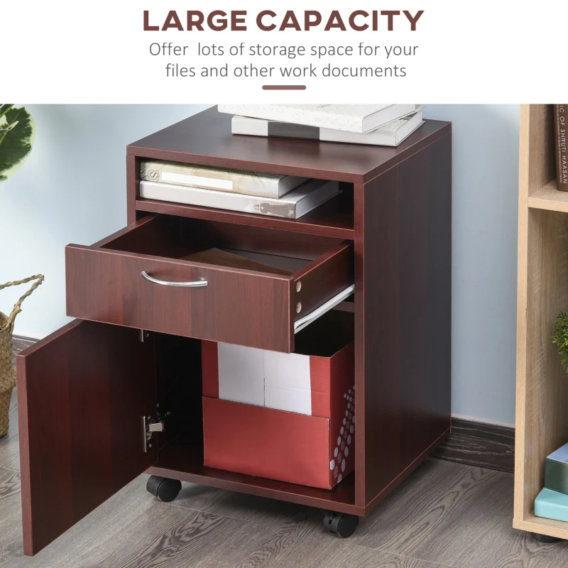 HOMCOM 24" Small Filing Cabinet with Open Compartment, Drawer and Wheels, Home Office Storage Cabinet, Espresso