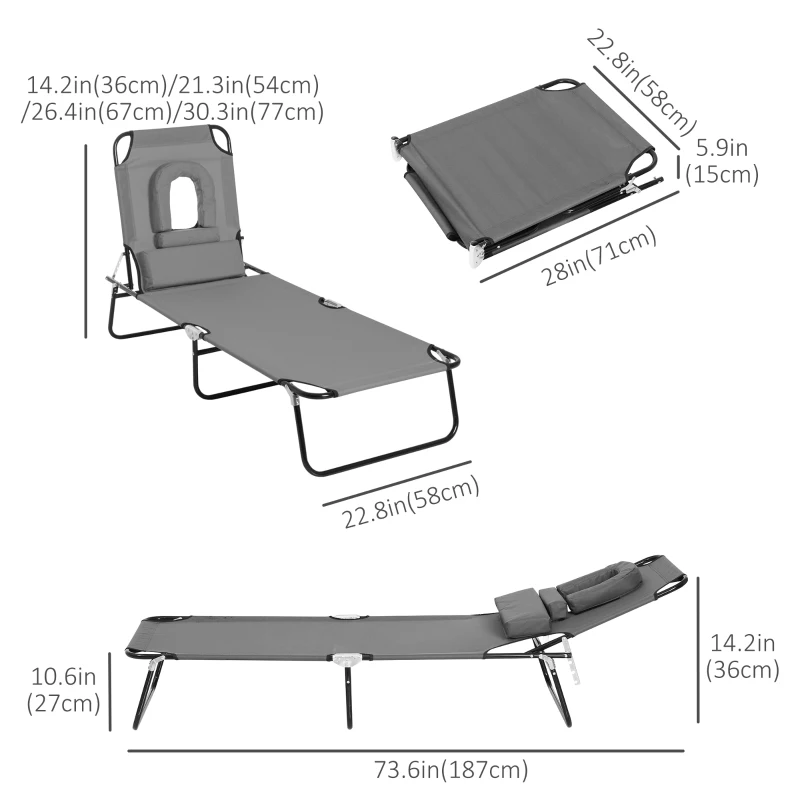 Outsunny Adjustable Outdoor Lounge Chair, Garden Folding Chaise Lounge with Face Hole Reclining Tanning Chair Seat, Folding Camping Beach Lounging Bed w/ Support Pillow, Grey
