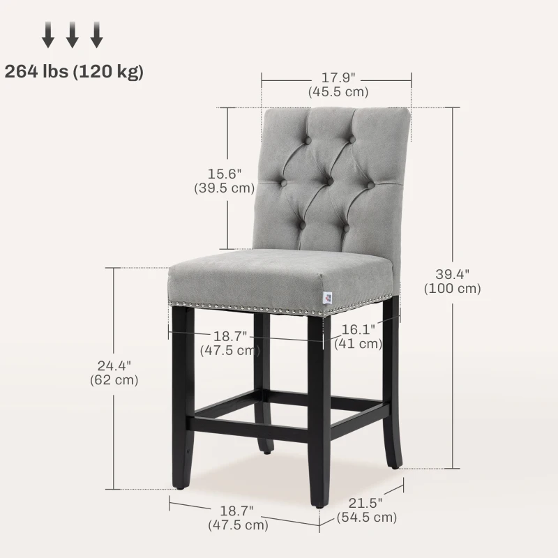 HOMCOM Fabric Bar Stool Set of 2, Tall 25.6" Seat Height Bar Chairs with Tufted Back & Wood Legs, Light Grey
