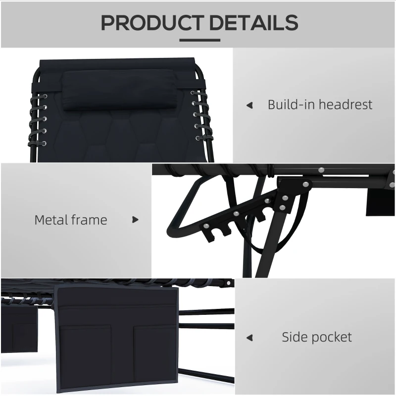 Outsunny Folding Chaise Lounge with Reclining Back, 25.6" x 74" x 14.2", Black