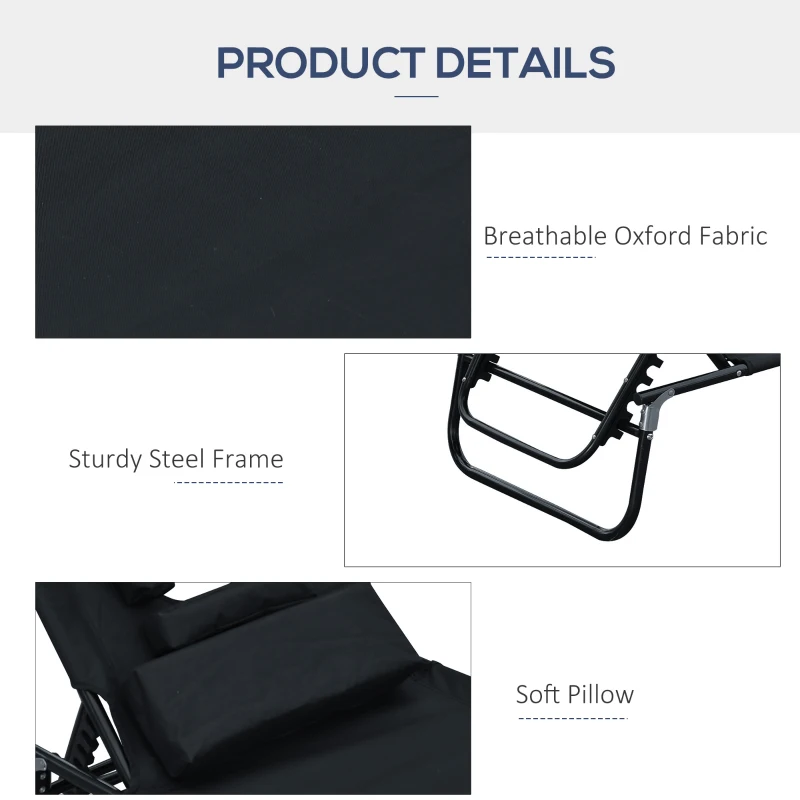 Outsunny Folding Outdoor Lounge Chair, Portable Reclining Beach Lounger with Face Hole, Detachable Pillow, 4-Position Adjustable Backrest, For Patio, Garden, Poolside, Black