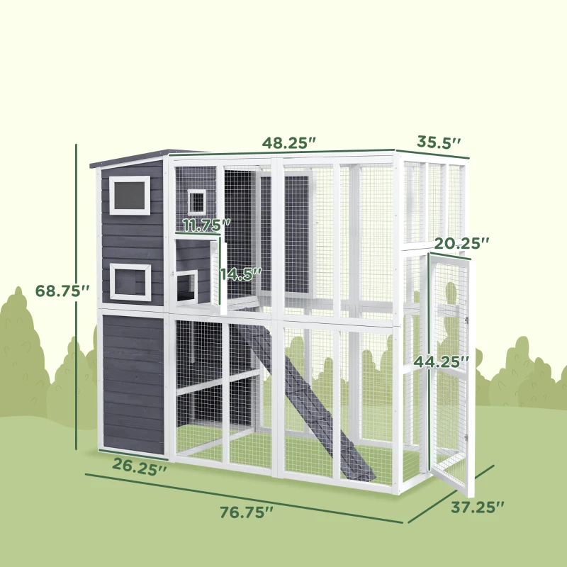 PawHut Wooden Outdoor Catio with Platforms, Asphalt Roof, Ramps, Light Gray