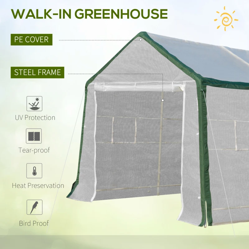 Outsunny 20' x 10' x 8' Heavy-duty Greenhouse, Walk-in Hot House with Windows and Roll Up Door, PE Cover, Steel Frame, White