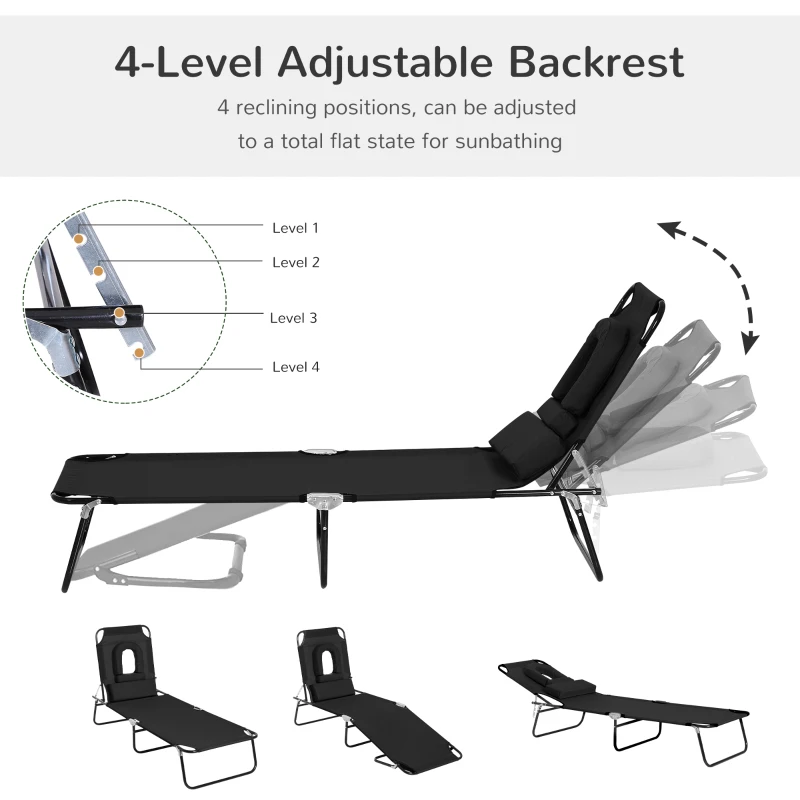 Outsunny Adjustable Outdoor Lounge Chair, Garden Folding Chaise Lounge with Face Hole Reclining Tanning Chair Seat, Folding Camping Beach Lounging Bed w/ Support Pillow, Black