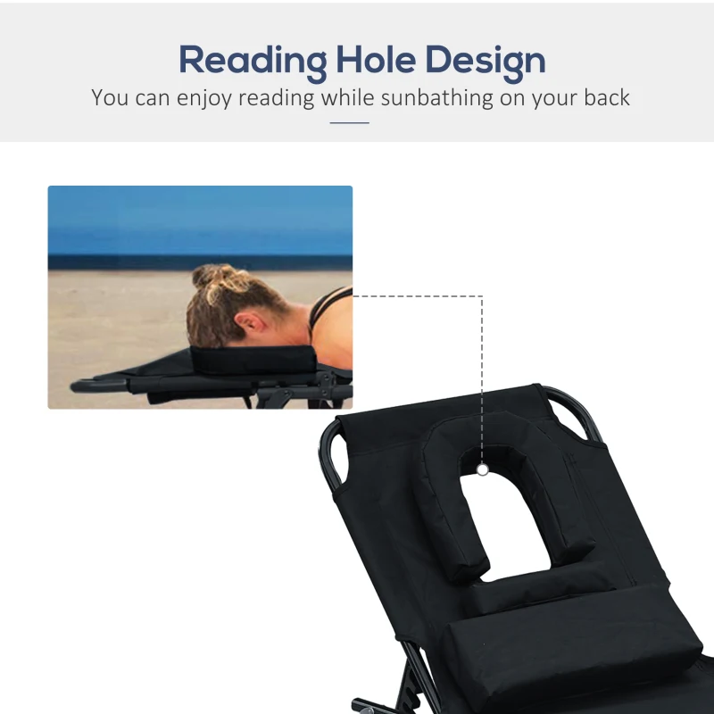 Outsunny Folding Outdoor Lounge Chair, Portable Reclining Beach Lounger with Face Hole, Detachable Pillow, 4-Position Adjustable Backrest, For Patio, Garden, Poolside, Black