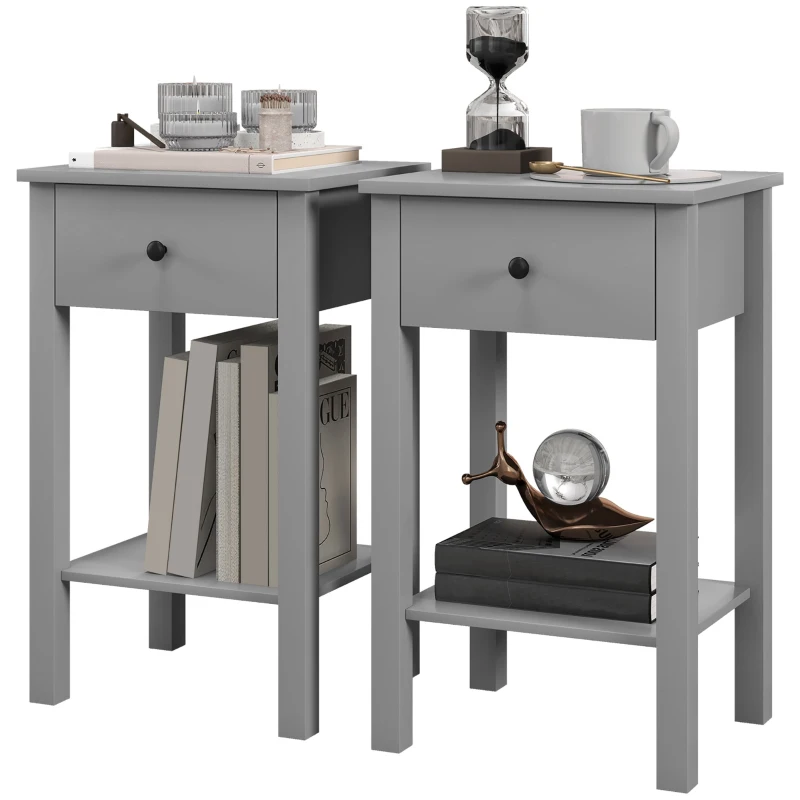 HOMCOM End Tables Set of 2, Side Tables with Drawer and Bottom Shelf, 2-tier Nightstand for Bedroom, Living Room, Grey