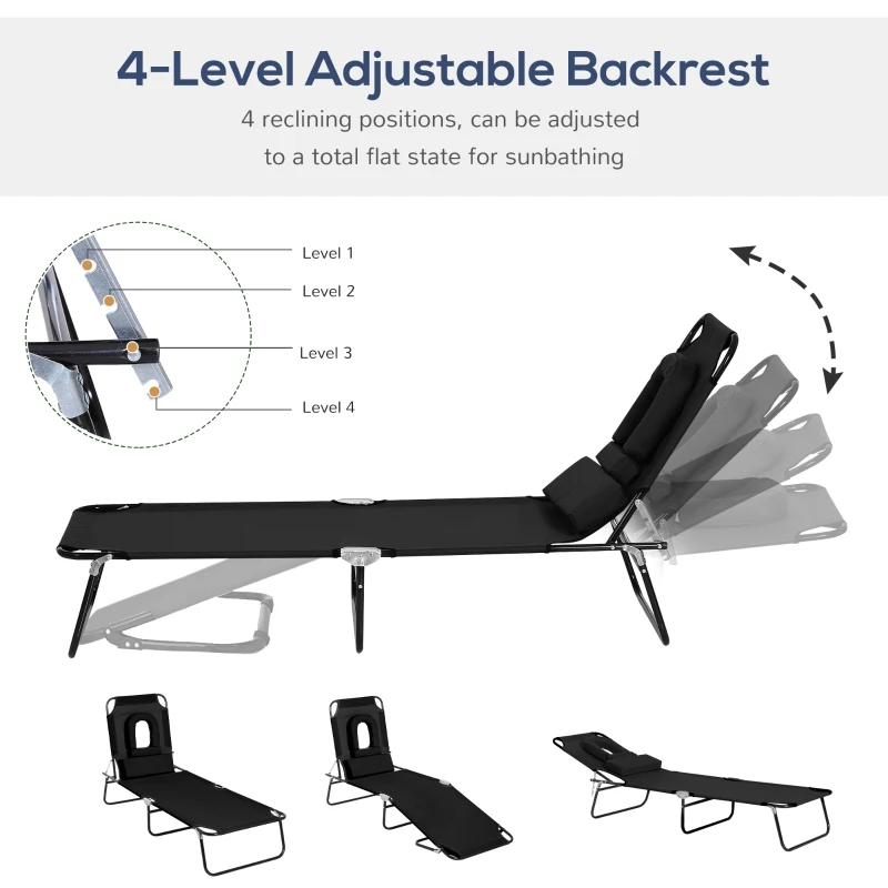 Outsunny Folding Outdoor Lounge Chair, Portable Reclining Beach Lounger with Face Hole, Detachable Pillow, 4-Position Adjustable Backrest, For Patio, Garden, Poolside, Black