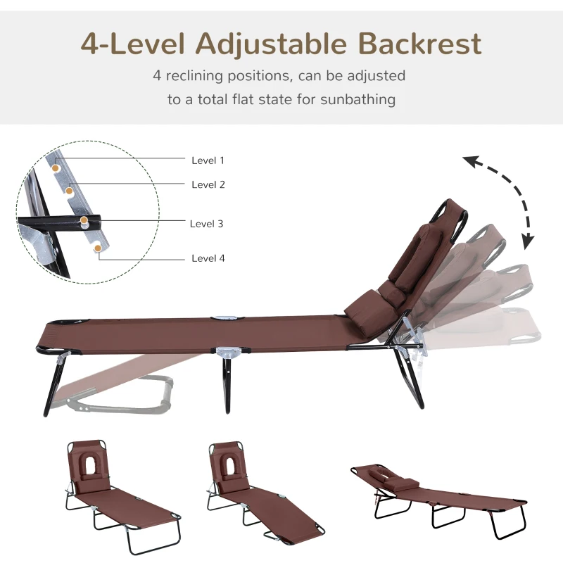Outsunny Adjustable Outdoor Lounge Chair, Garden Folding Chaise Lounge with Face Hole Reclining Tanning Chair Seat, Folding Camping Beach Lounging Bed w/ Support Pillow, Brown
