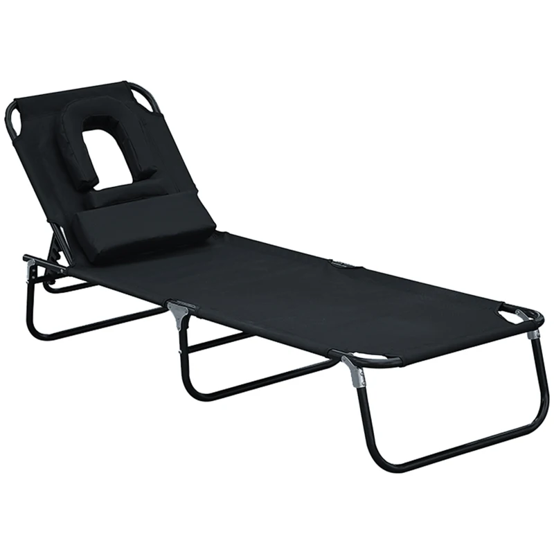 Outsunny Folding Outdoor Lounge Chair, Portable Reclining Beach Lounger with Face Hole, Detachable Pillow, 4-Position Adjustable Backrest, For Patio, Garden, Poolside, Black