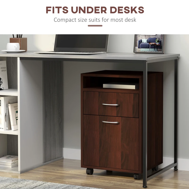 HOMCOM 24" Small Filing Cabinet with Open Compartment, Drawer and Wheels, Home Office Storage Cabinet, Espresso