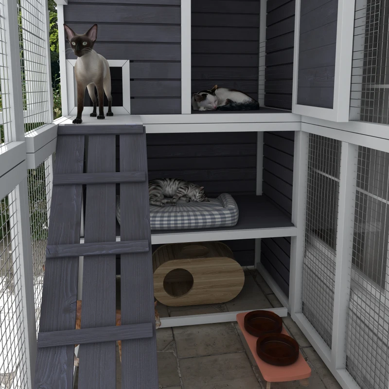 PawHut Wooden Outdoor Catio with Platforms, Asphalt Roof, Ramps, Light Gray