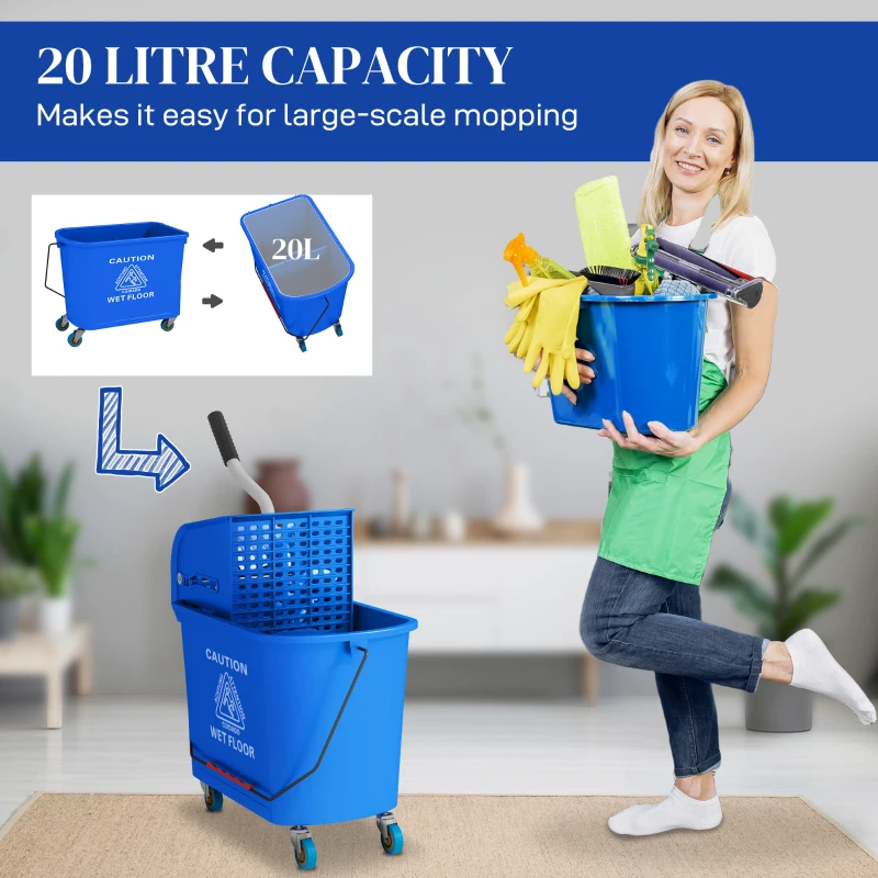 HOMCOM Compact Mop Bucket with Wringer, Mop Bucket on Wheels for Floor Cleaning, 21 Quart, Separate Dirty and Clean Water, Blue