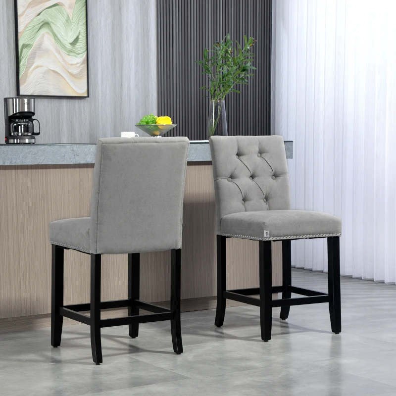 HOMCOM Fabric Bar Stool Set of 2, Tall 25.6" Seat Height Bar Chairs with Tufted Back & Wood Legs, Light Grey