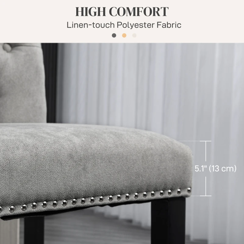 HOMCOM Fabric Bar Stool Set of 2, Tall 25.6" Seat Height Bar Chairs with Tufted Back & Wood Legs, Light Grey