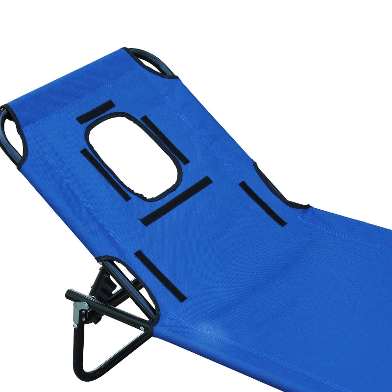Outsunny Folding Outdoor Lounge Chair, Portable Reclining Beach Lounger with Face Hole, Detachable Pillow, 4-Position Adjustable Backrest, For Patio, Garden, Poolside, Blue