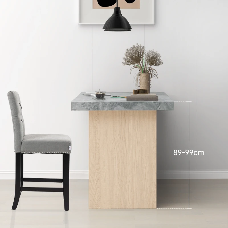 HOMCOM Fabric Bar Stool Set of 2, Tall 25.6" Seat Height Bar Chairs with Tufted Back & Wood Legs, Light Grey