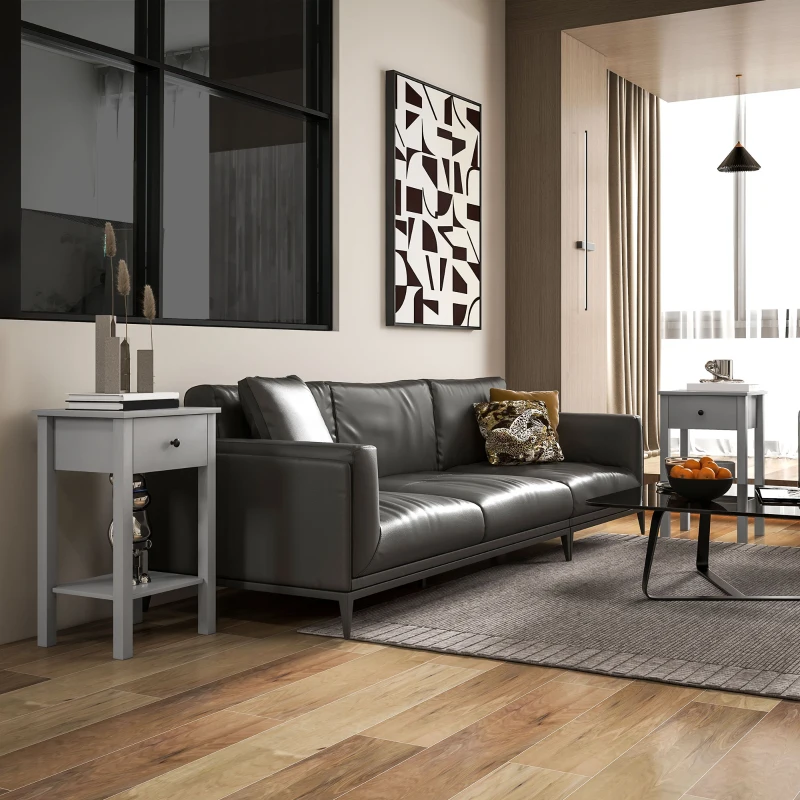 HOMCOM End Tables Set of 2, Side Tables with Drawer and Bottom Shelf, 2-tier Nightstand for Bedroom, Living Room, Grey