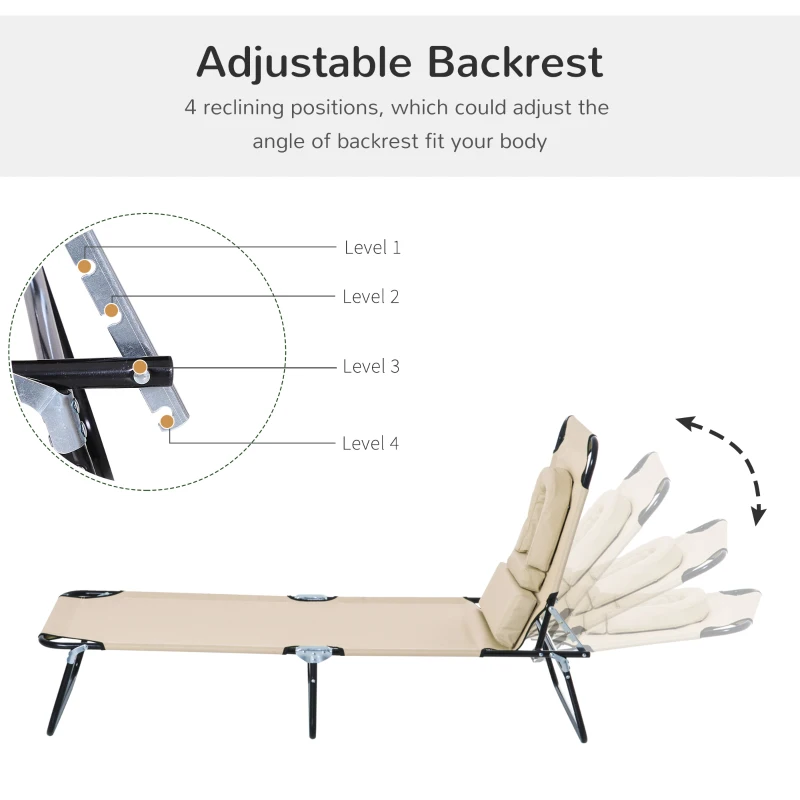 Outsunny Outdoor Lounge Chair, Garden Folding Chaise Lounge w/ Adjustable Backrest, Face Hole and Support Pillow, Beige