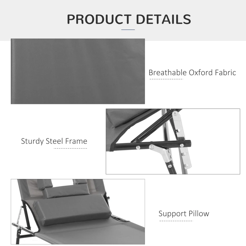 Outsunny Adjustable Outdoor Lounge Chair, Garden Folding Chaise Lounge with Face Hole Reclining Tanning Chair Seat, Folding Camping Beach Lounging Bed w/ Support Pillow, Grey
